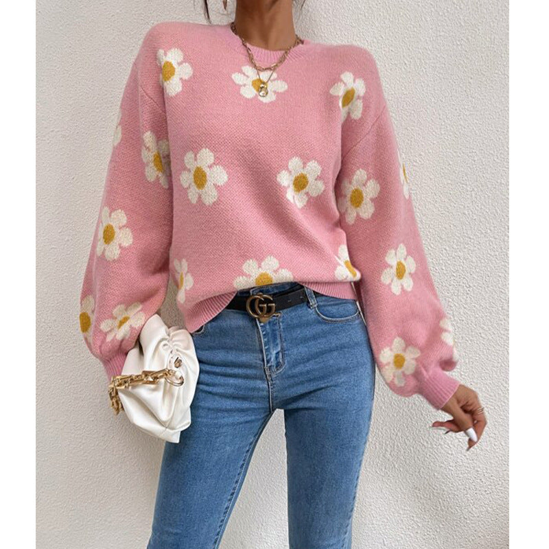 Damen Pullover mit floralem Muster und voluminösen Ärmeln Drune