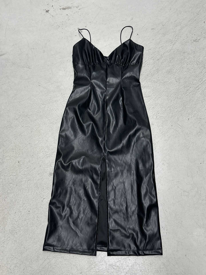 Damen elegantes bodenlanges Kleid aus glattem Kunstleder mit doppelten Trägern und hohem Schlitz Drune
