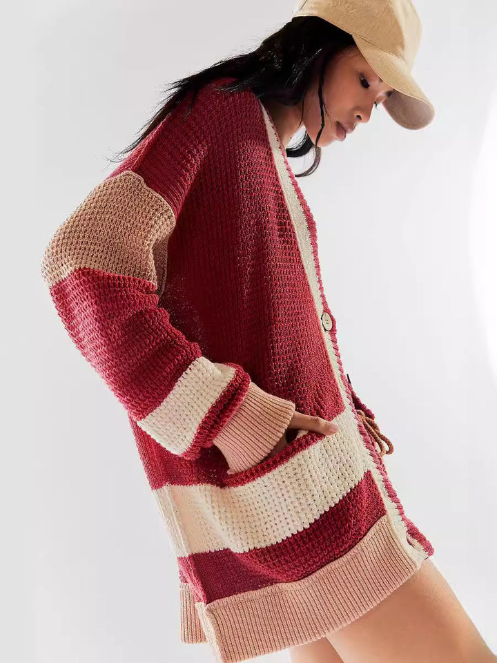 Damen lässiger Strickcardigan mit großen Taschen und stilvollen Kontraststreifen Drune