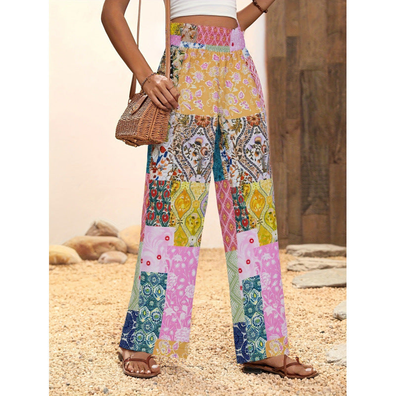 Damen Weite Blumenmuster-Hose mit elastischem Bund und hohem Taillenschnitt Drune