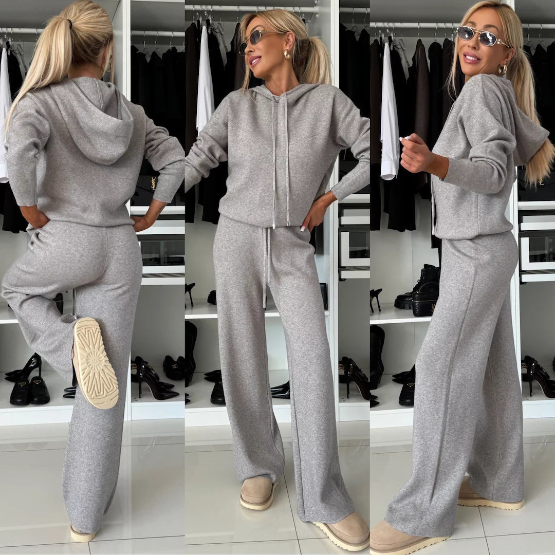 Damen nan luxuriöses Feinstrick-Loungewear-Set mit Kapuzenpullover, elastischem Komfortbund und fließendem Wide-Leg-Hosenbein Drune