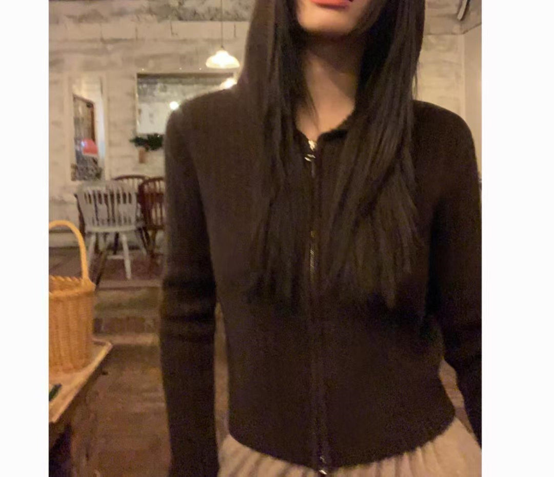 Damen modische Kapuzenjacke mit feinen Rippstrick-Details Drune