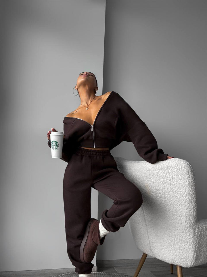 Damen lässiges Fleece-Loungewear-Set mit cropped Jacke und elastischer Hose Drune