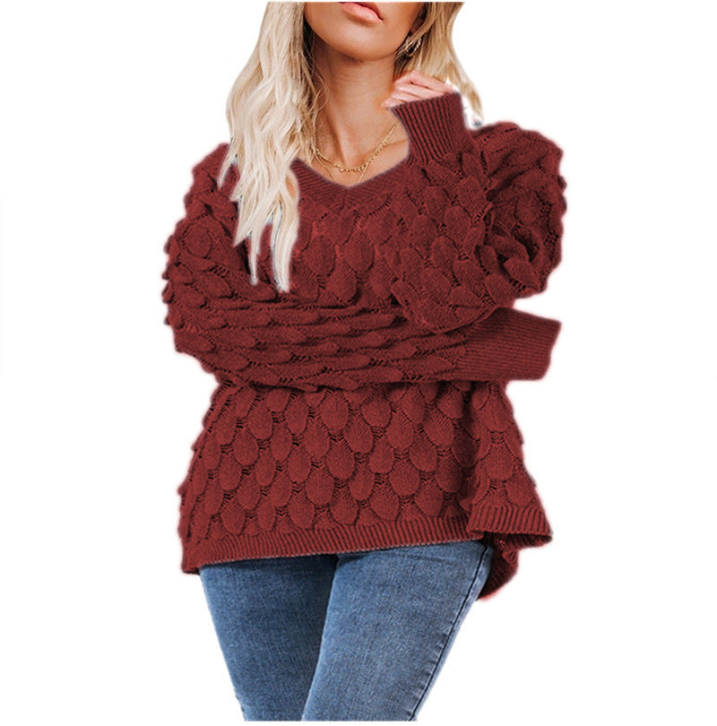 Damen Grobstrickpullover mit skulpturalem Wellenmuster und V-Ausschnitt Drune