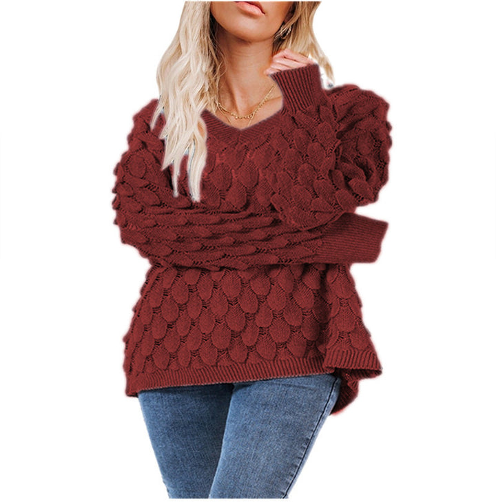 Damen Grobstrickpullover mit skulpturalem Wellenmuster und V-Ausschnitt Drune