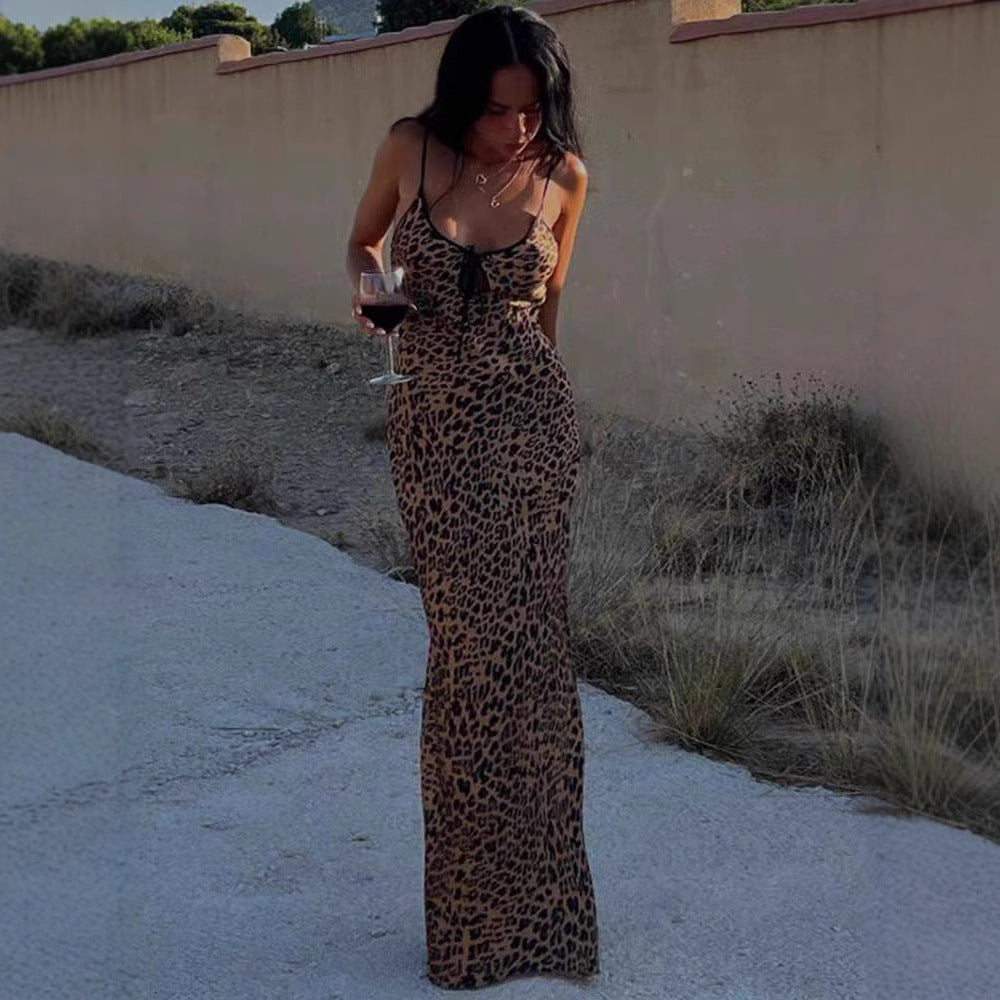 Damen Figurbetontes Maxikleid mit Leopardenmuster und raffiniertem Schnür-Detail Drune