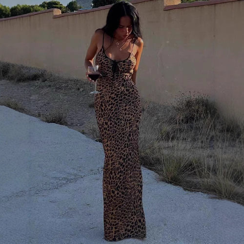 Damen Figurbetontes Maxikleid mit Leopardenmuster und raffiniertem Schnür-Detail Drune