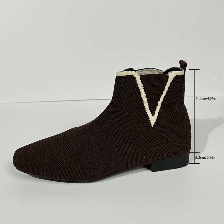 Damen nan gestrickte Sock-Stiefelette mit elastischem V-Einsatz, Zugschlaufe und flachem Blockabsatz Drune