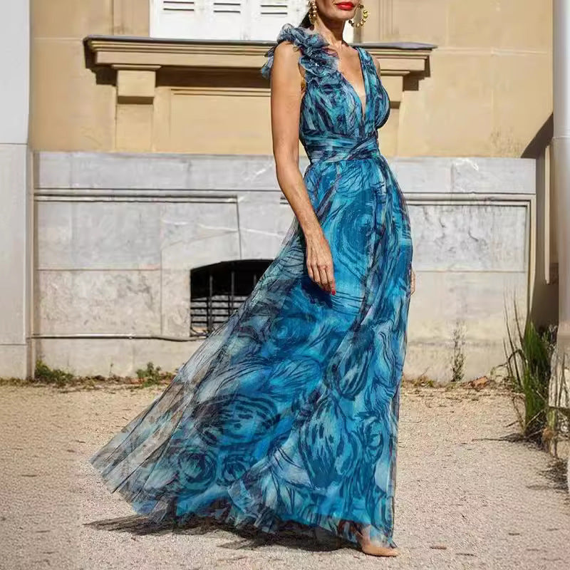 DamenMaxikleid aus leichtem, fließendem Chiffon mit romantischen Spitzenrändern Drune