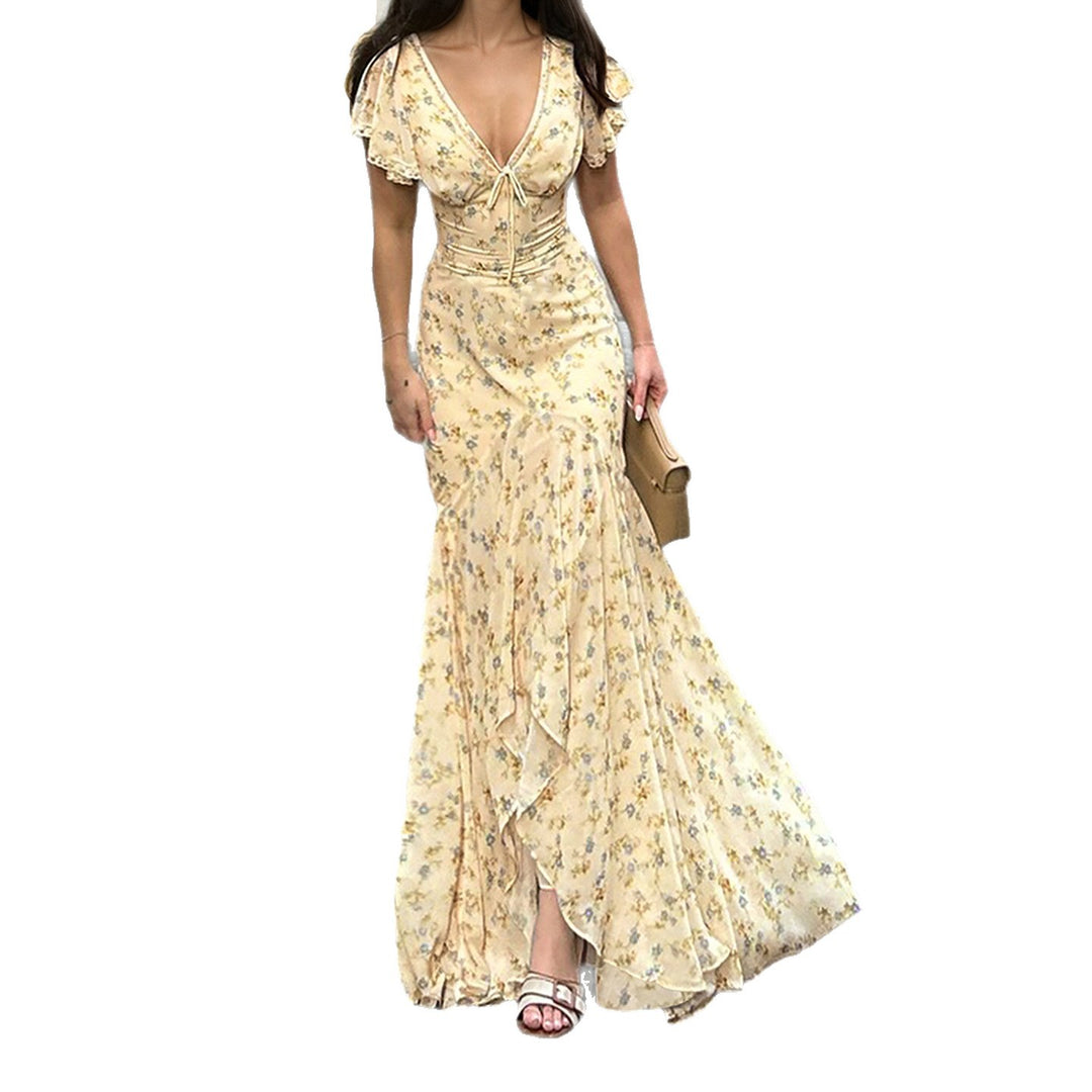 Damen Maxikleid mit romantischem Blumenmuster und verspieltem V-Ausschnitt Drune