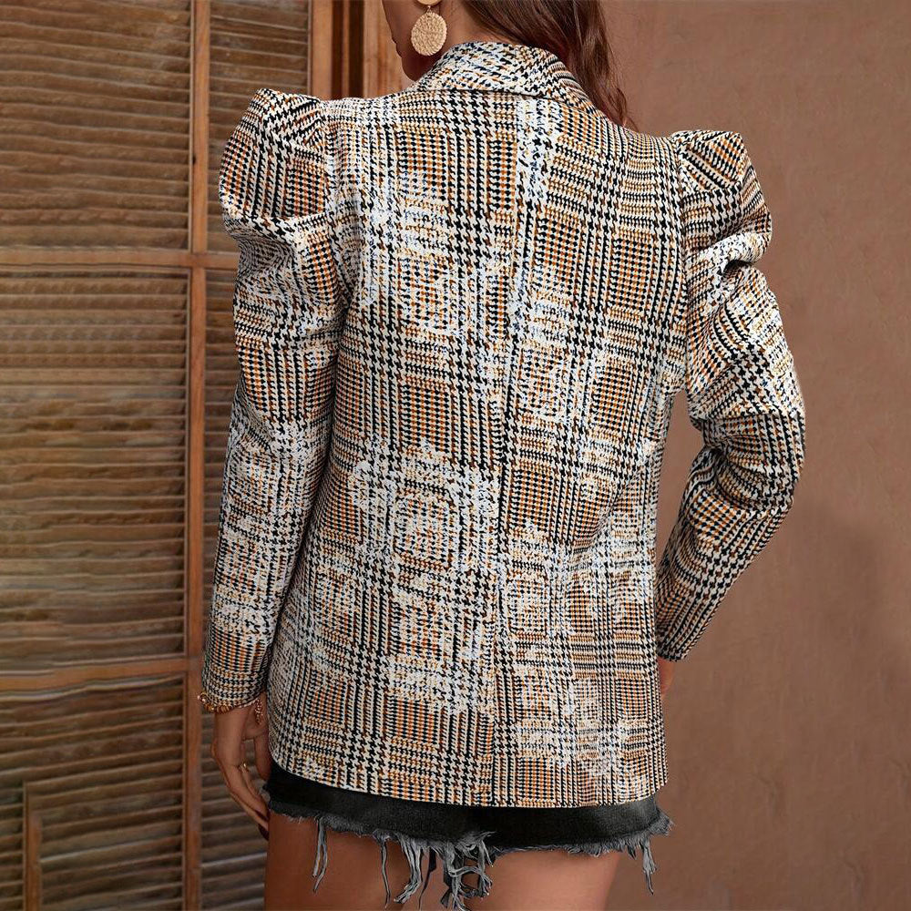 Damen modische Blazerjacke mit Puffärmeln und Karomuster Drune