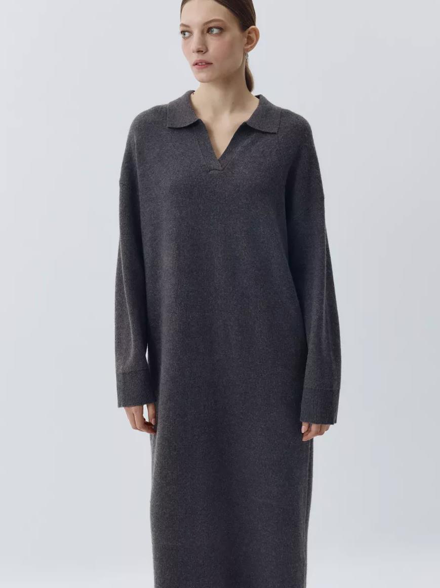 Damen Übergröße Strickkleid mit modernem Polokragen und langen Ärmeln Drune
