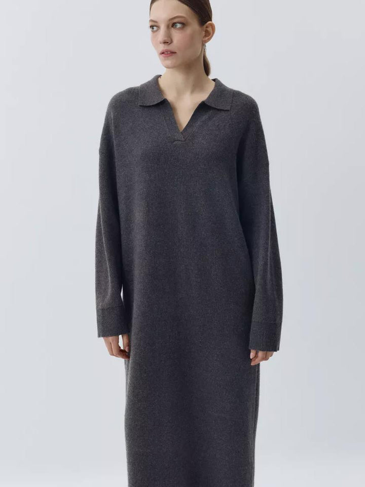 Damen Übergröße Strickkleid mit modernem Polokragen und langen Ärmeln Drune
