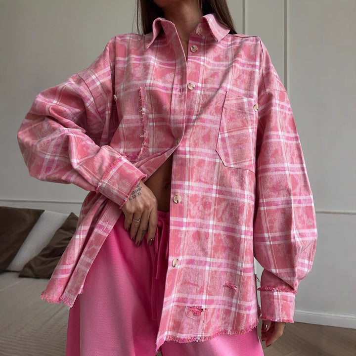 Damen Oversized Hemdbluse im lässigen Karo-Design mit Fransen Drune