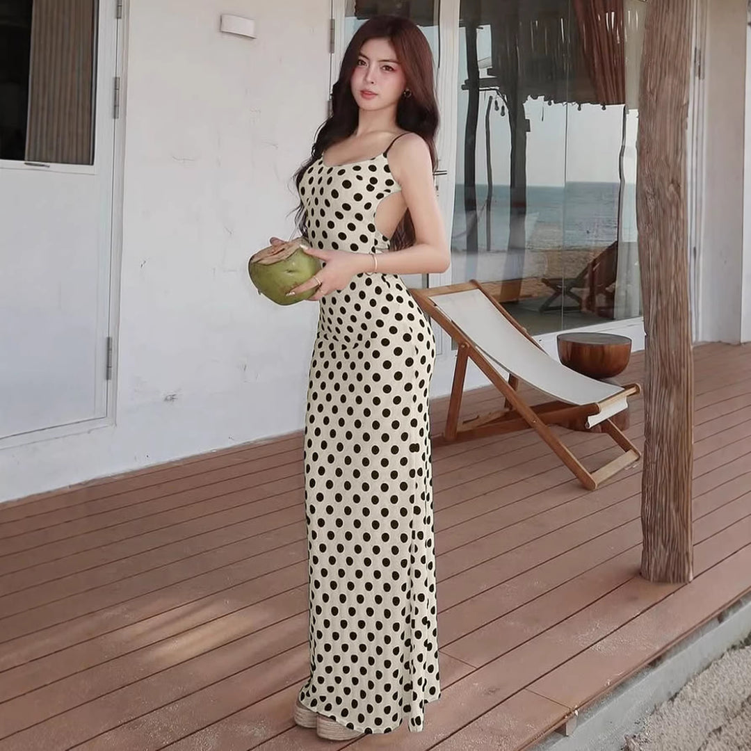 Damen Polka-Dots Maxikleid mit Spaghettiträgern und elegantem Schnitt Drune