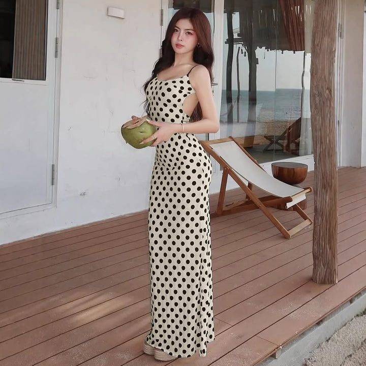 Damen Polka-Dots Maxikleid mit Spaghettiträgern und elegantem Schnitt Drune