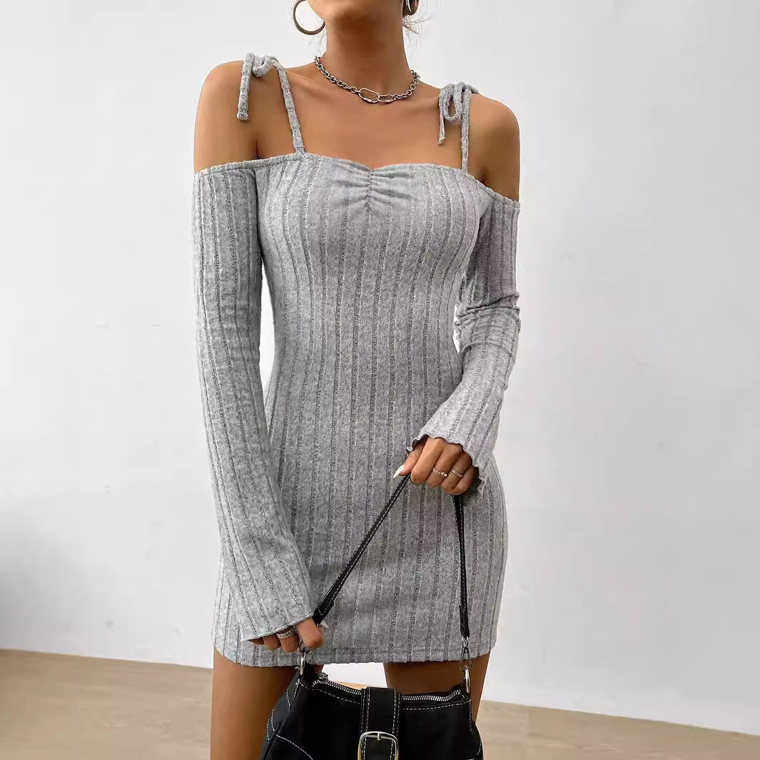 Damen Minikleid mit schulterfreiem Design und modischem Rippstrick Drune