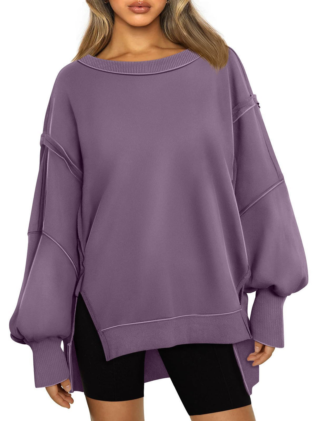 Damen Lässiger Oversize-Sweatshirt mit weitem Kragen und Seitenöffnungen Drune