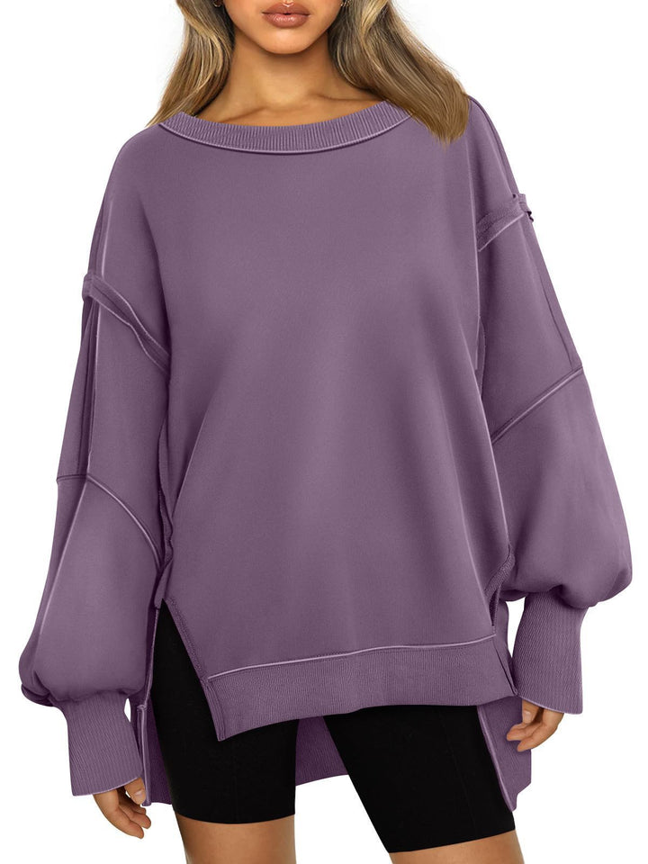Damen Lässiger Oversize-Sweatshirt mit weitem Kragen und Seitenöffnungen Drune