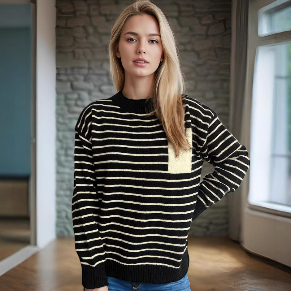 Damen gestreifter Pullover mit lässiger Passform und breiten Ärmeln Drune