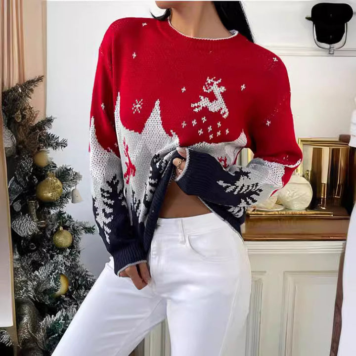 Damen festlicher Strickpullover mit winterlichem Landschaftsdesign Drune