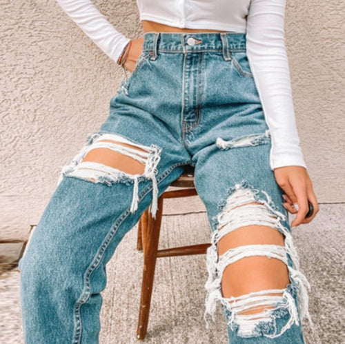 Damen Vintage High-Waist Destroyed Jeans mit fransigen Details Drune