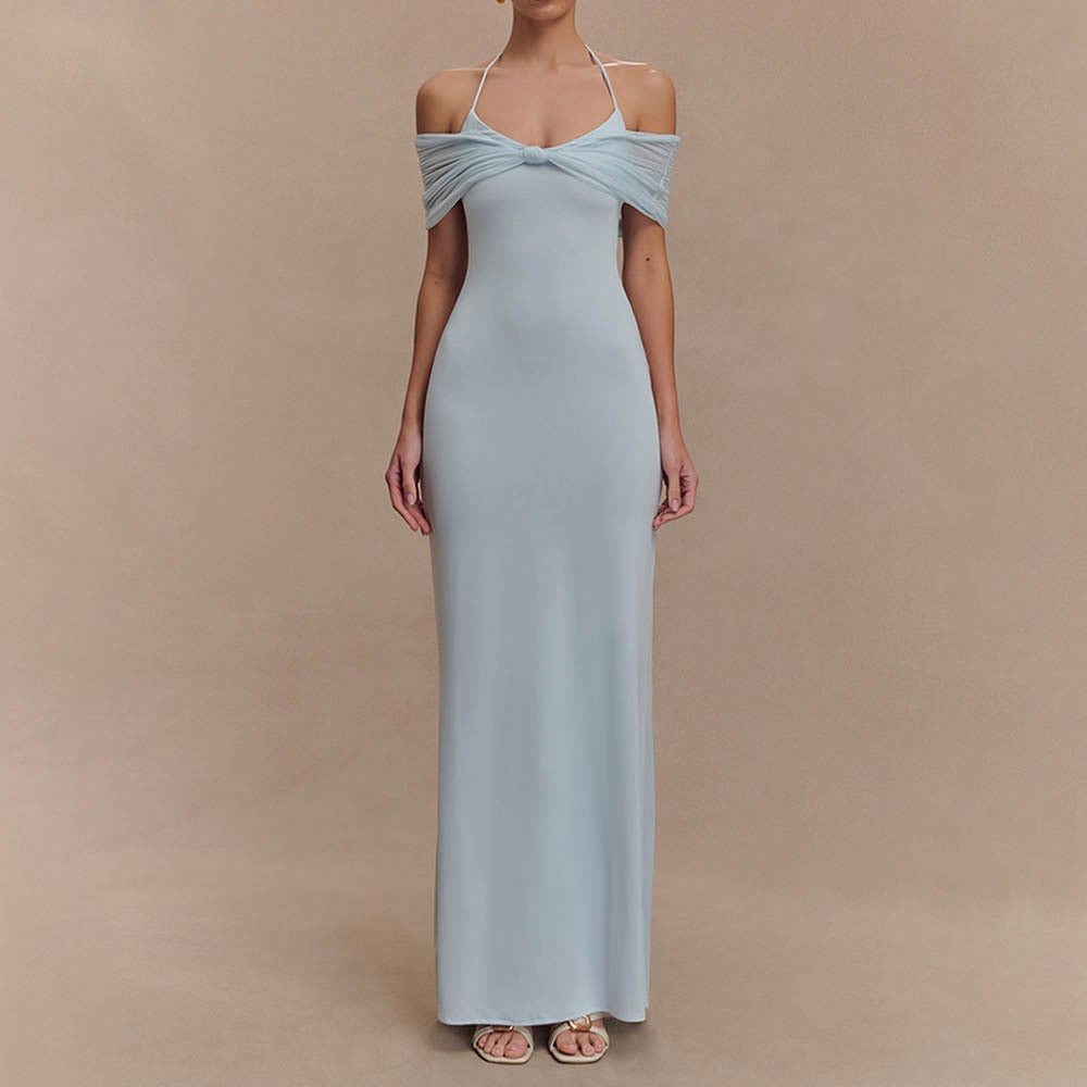 Damen Elegantes Maxi-Kleid mit schulterfreien Raffungen Drune