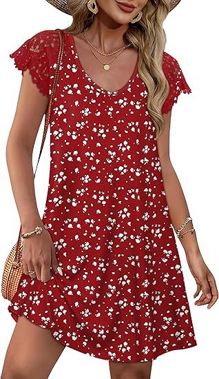 Damen Sommerkleid mit eleganten Spitzenärmeln und floralem Muster Drune