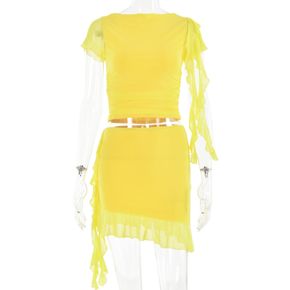 Damen Crop-Top und Minirock mit asymmetrischem Saum und Rüschendetails Drune