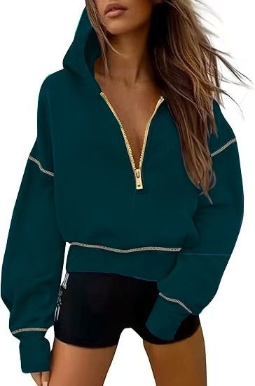 Damen nan cropped Kapuzenpullover mit halbem Reißverschluss und voluminösen Ballonärmeln Drune