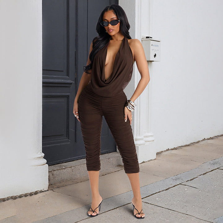 Damen Eleganter und figurbetonter Jumpsuit mit tiefem V-Ausschnitt und Raffungen Drune