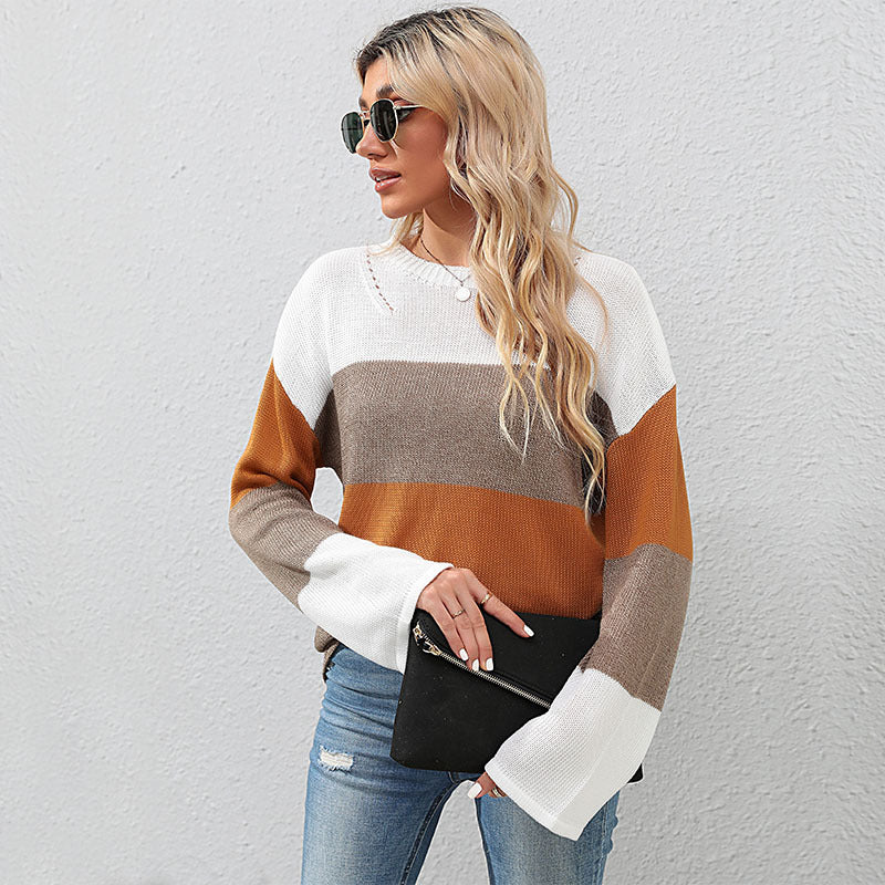 Damen lässiger Strickpullover mit kreativem Blockstreifenmuster Drune