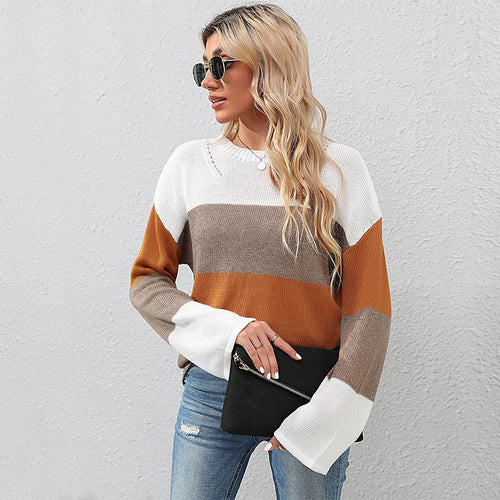 Damen lässiger Strickpullover mit kreativem Blockstreifenmuster Drune