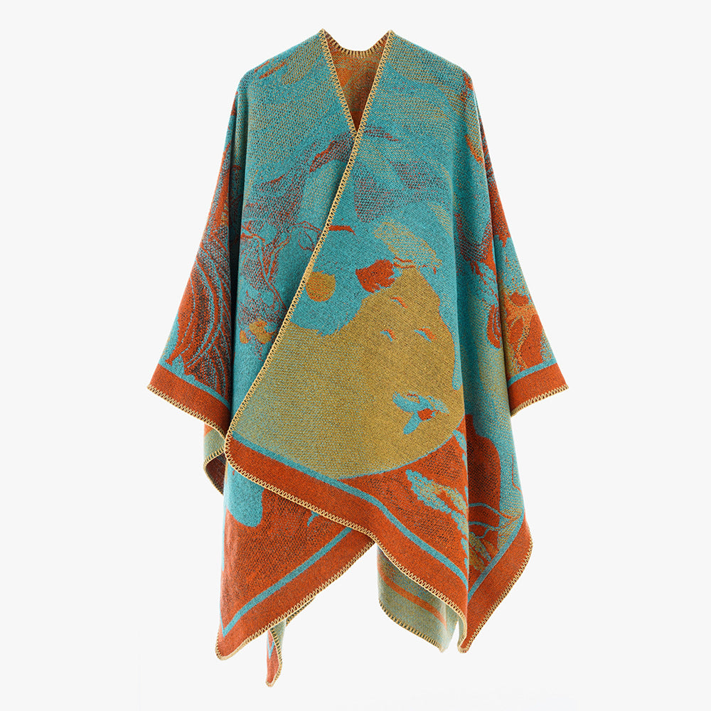 Damen Designer Poncho mit modernem floralen Muster und luxuriöser Strickstruktur Drune