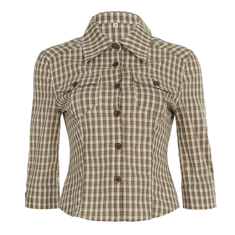 Damen nan taillierte Dreiviertelarm Karobluse mit Brustpattentaschen und Hemdkragen Drune