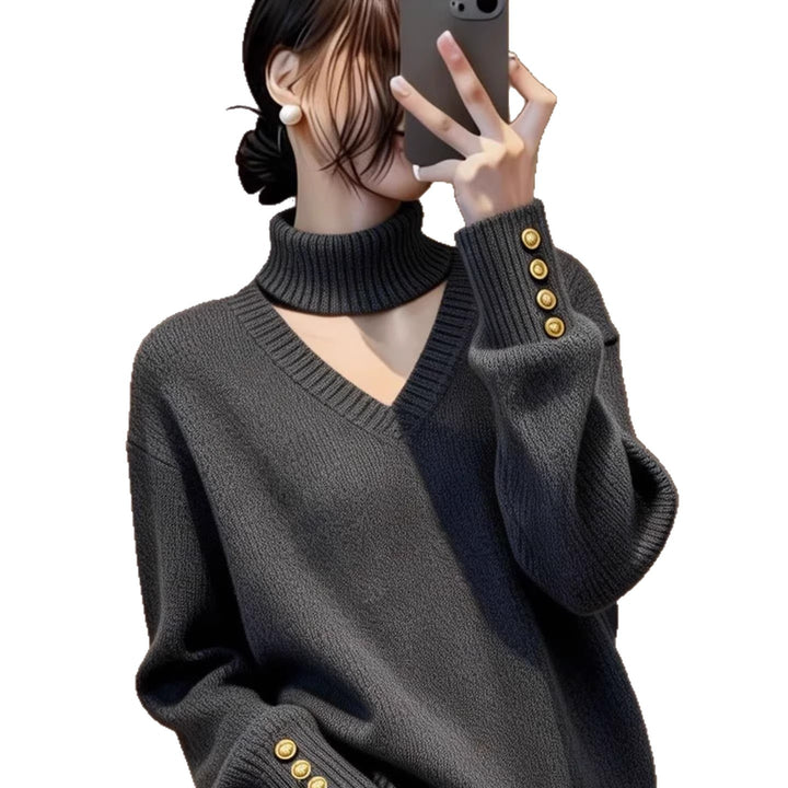 Damen Luxus Strickpullover mit Rollkragen und Knopfdetails Drune