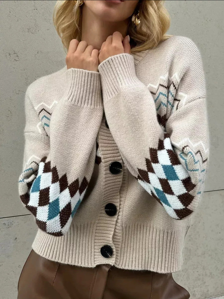 Damen Modischer Strickcardigan mit einzigartigem Karomuster und Knopfdetails Drune