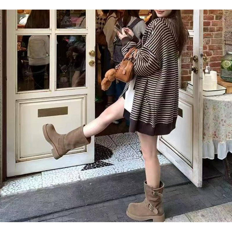 Damen modische Strickjacke mit breitem Streifenmuster und praktischen Taschen Drune
