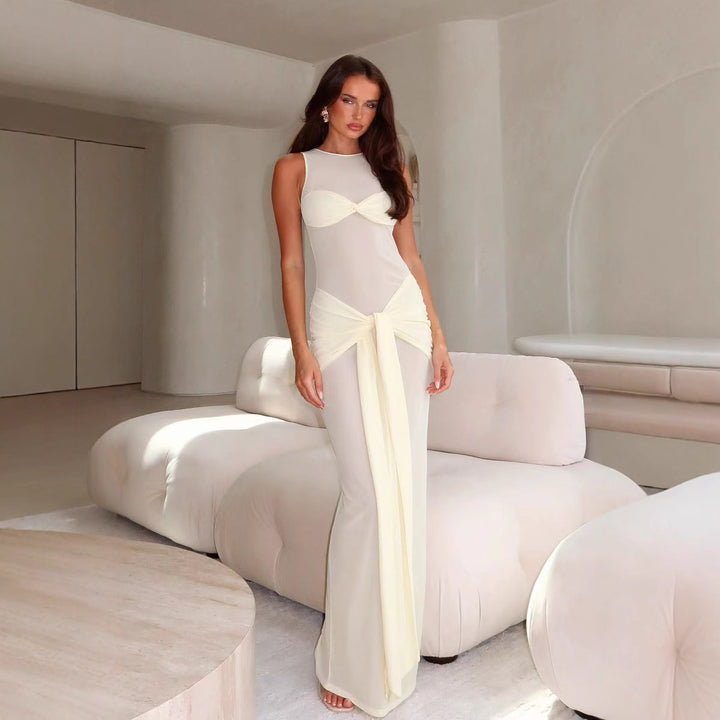 Damen Elegantes Maxikleid mit raffiniertem Wickel-Design und Transparenten Einsätzen Drune