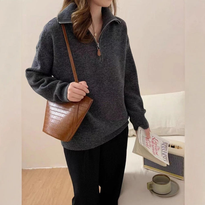 Damen Modischer Pullover mit Stehkragen und Reißverschluss Drune