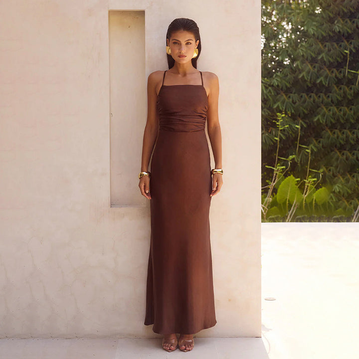 Damen elegantes Maxikleid mit raffiniertem Raffung und verstellbaren Spaghettiträgern Drune