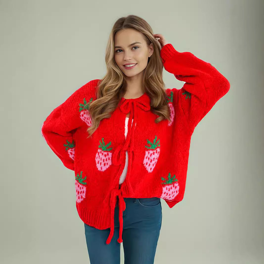Damen kuscheliger Pullover mit fruchtigem Erdbeer-Motiv Drune
