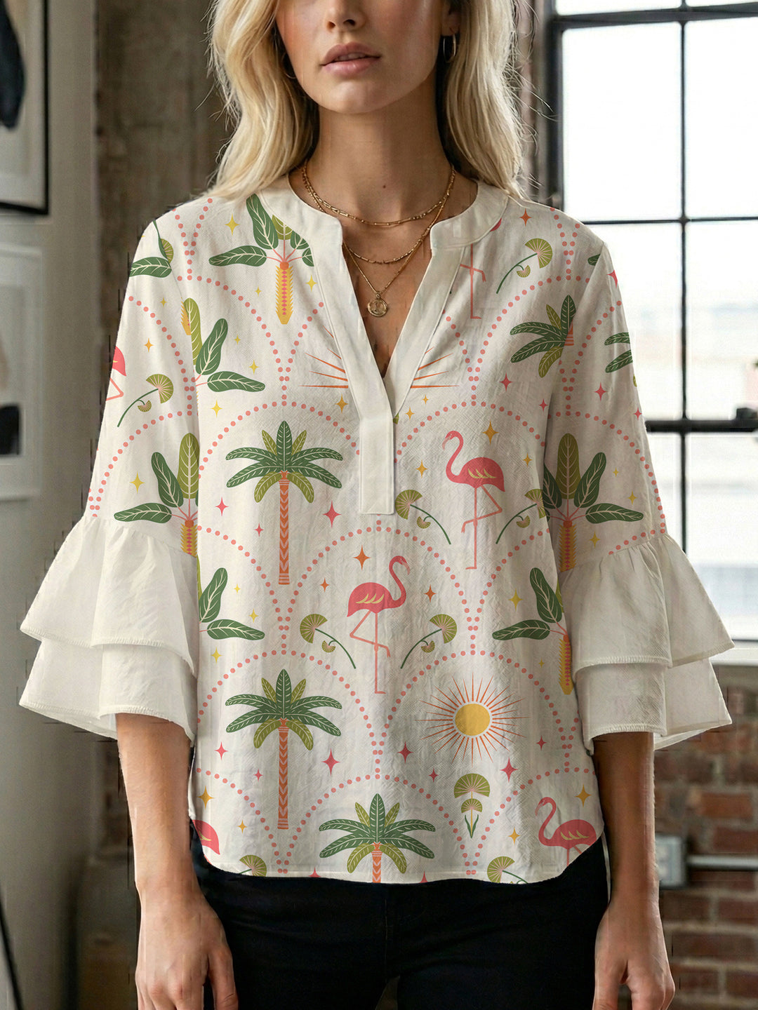 Damen Bluse mit voluminösen Rüschenärmeln und floralem Druck Drune