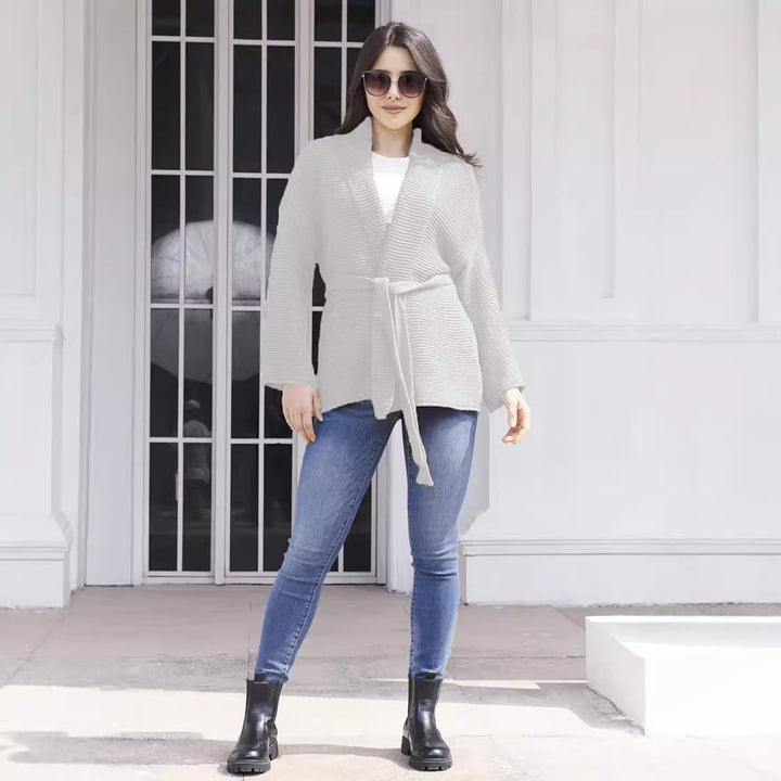 Damen Gemütlicher Strickcardigan mit Taillengürtel und weitem Schnitt Drune