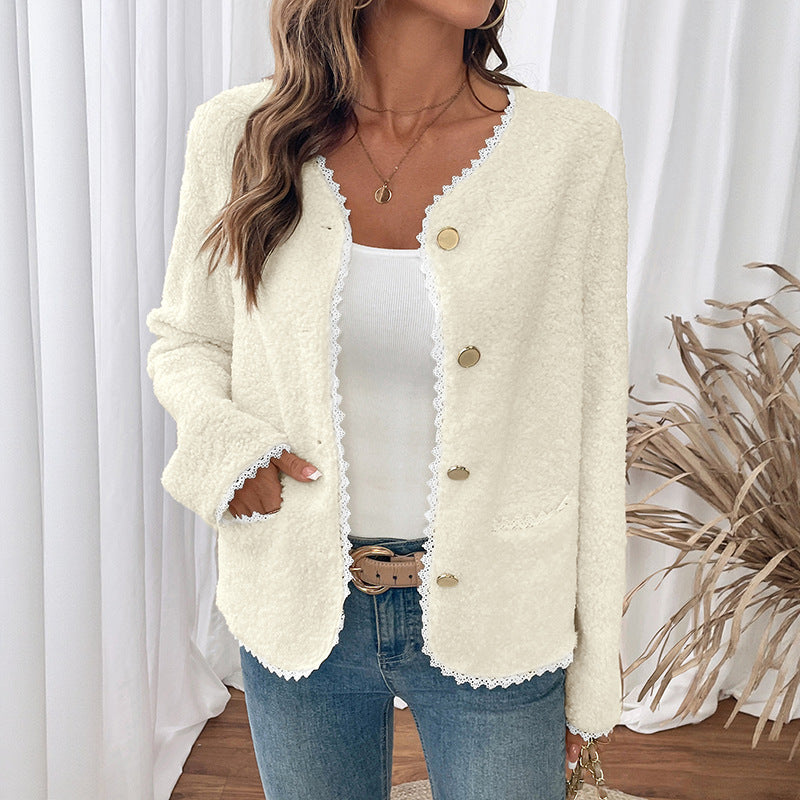 Damen weiche Teddyjacke mit Spitzenverzierung Drune