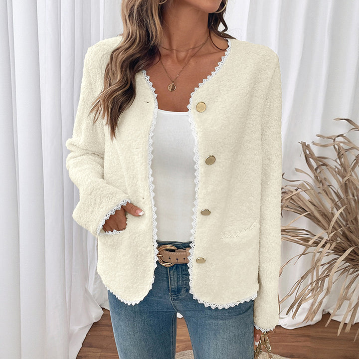 Damen weiche Teddyjacke mit Spitzenverzierung Drune