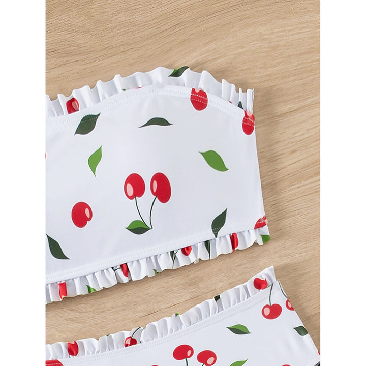 Damen Bandeau-Bikini mit fröhlichem Kirschmuster und eleganter Rüsche Drune