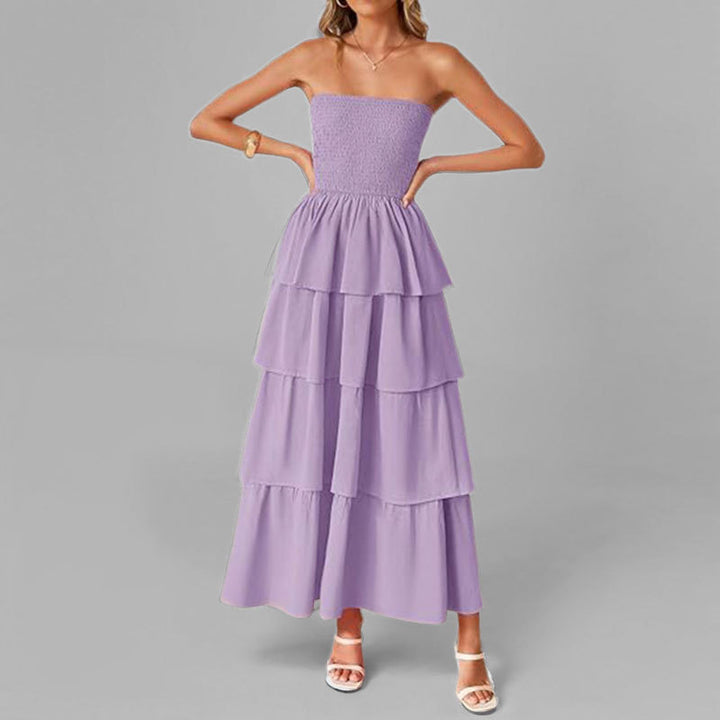 Damen Maxikleid mit schulterfreiem Design und voluminösen Rüschenschichten Drune