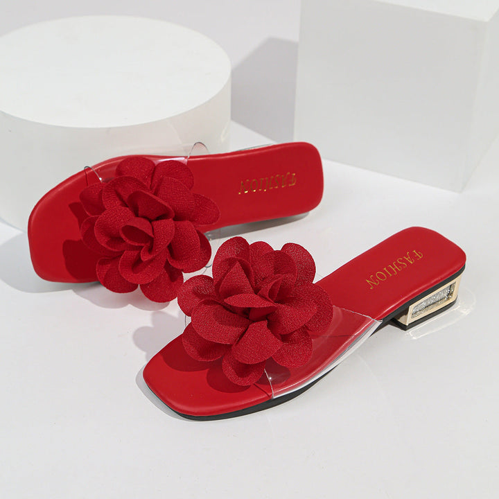 Damen Slides mit floralen Applikationen und funkelndem Blockabsatz Drune