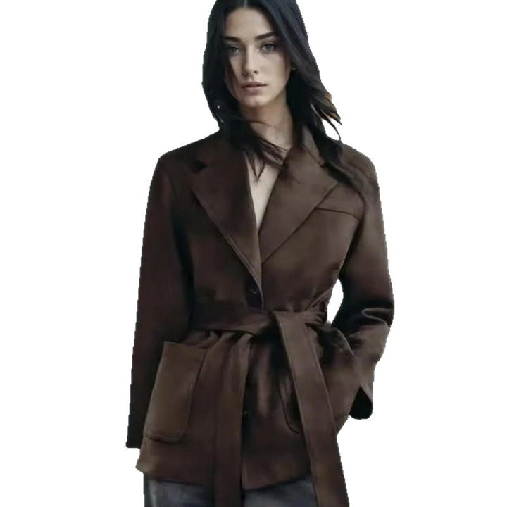 Damen modische Kunstlederjacke mit Taillengürtel und praktischen Taschen Drune